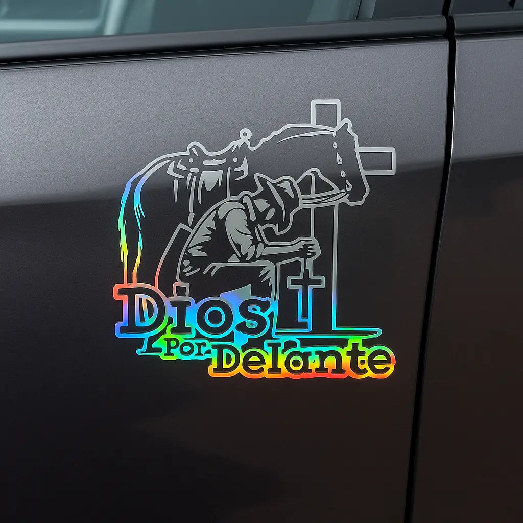 2Pcs Cowboy Dios Por Delante Religious Holographic Car Decal - High Definition Waterproof Christian Cross Sticker for Laptops Hardhats Bumpers Helmets Cars & Gear, Texan Cowboy Car Sticker
