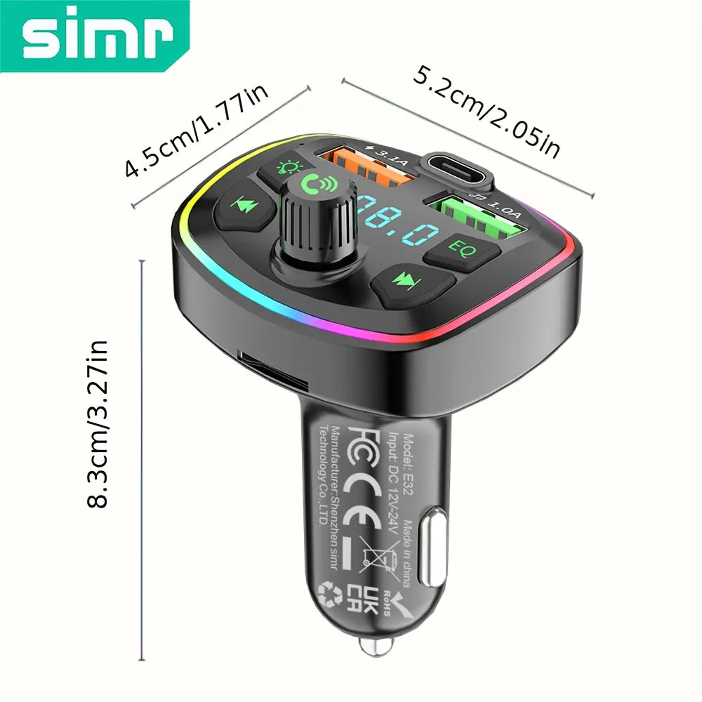 Simr E32 Multifunctional Car FM Transmitter, Bluetooth (BT) FM Transmitter & Wireless Radio Universal Car Adapter Car Kit with Dual USB & Type-C Fast Charging Car Charger, MP3 Player, USB Flash Drive Support, Smart Car Audio Receiver