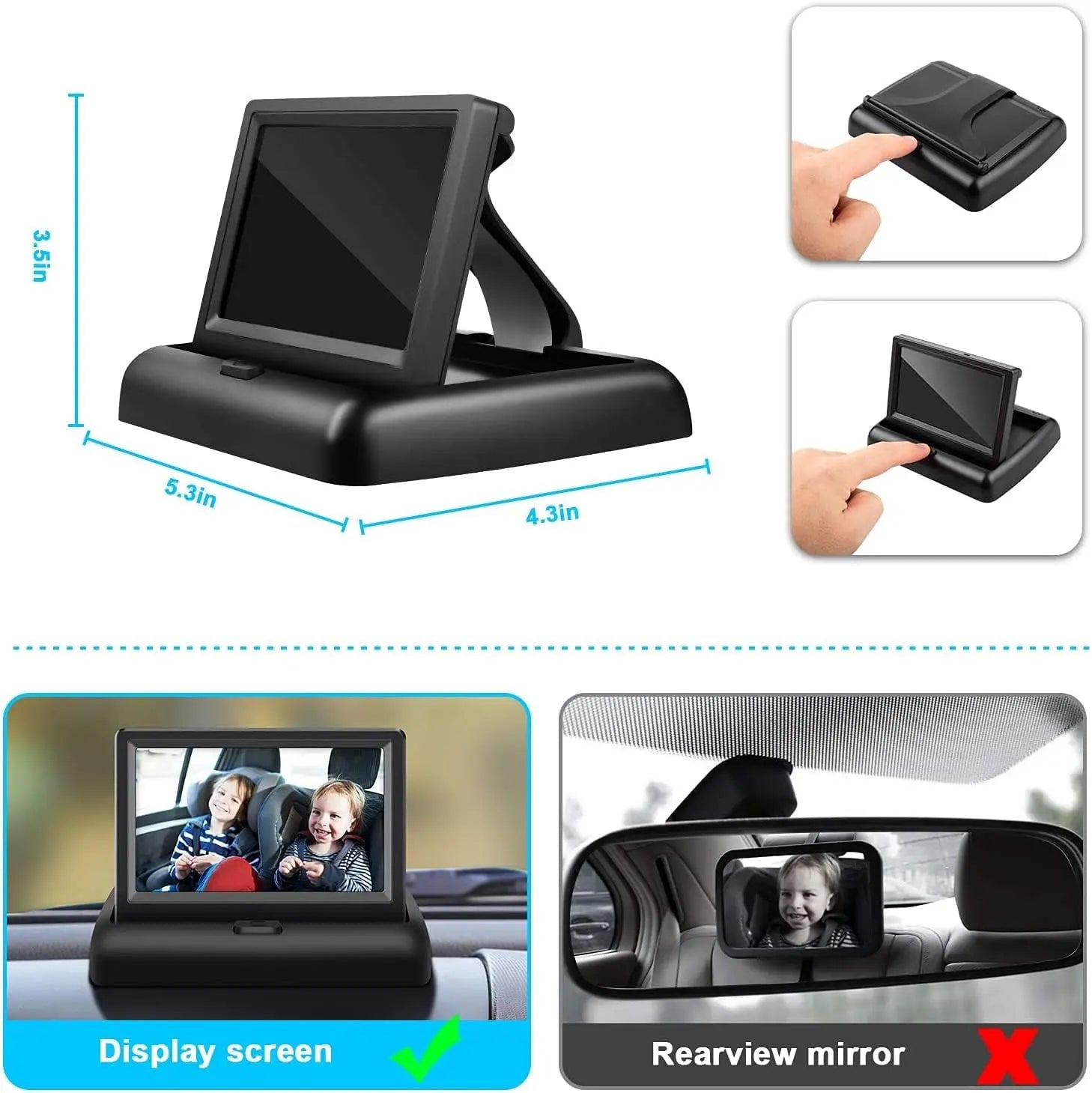 Car Mirror, Baby Car Camera for Moms, Upgrade 4.3'' HD 1080P Monitor, Night Vision, Safety Car Seat Camera with Wide Crystal Clear View, 360° Rotation Plug and Play Easy Install Portable Baby Monitor for Car, New Moms Gift, Summervibes