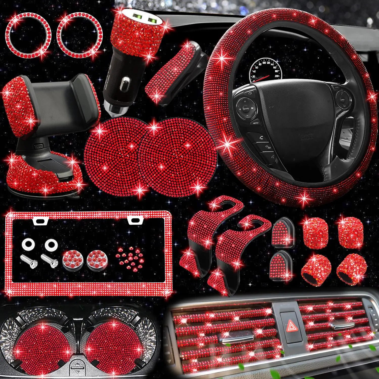 Rhinestone Car Decoration Set for Fall, Steering Wheel Cover & License Plate Frame & Coaster & Hook for BMW I8, Vehicle Automotive Accessories, Interior, Car Accessories