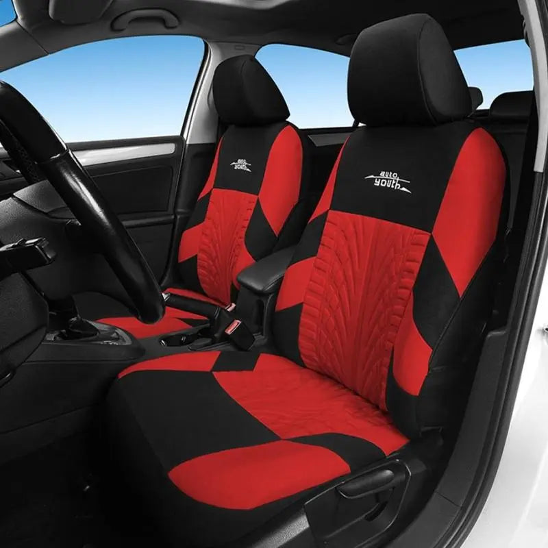 TOYOUN Universal 5 Seater Car Seat Cover Fabric Front & Rear Protector with Tire Track Detail Airbag Compatible Interior Accessories for Cars Trucks Suvs Vans Red Black Design