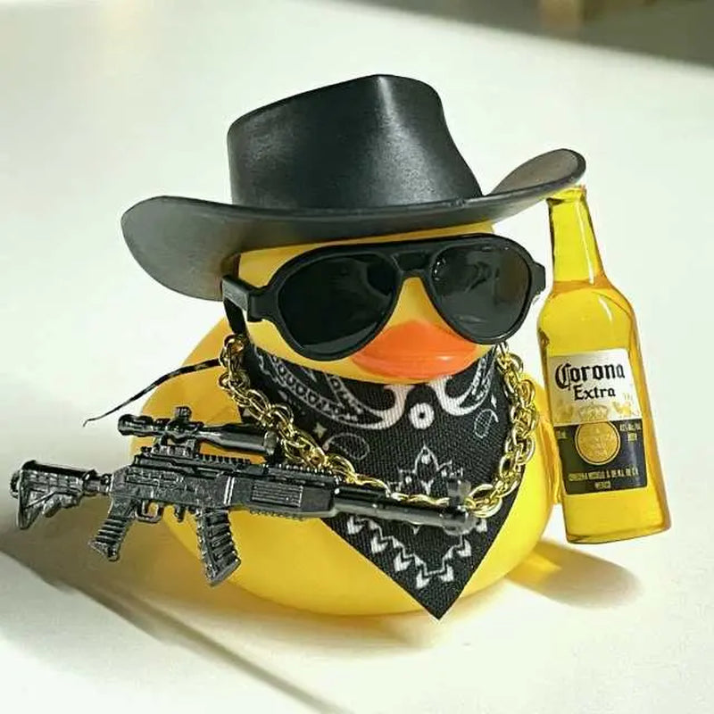Black Cool Rubber Duck Car Accessories with Hat Sunglasses Gold Necklace Beer Gun DIY Assembly Dashboard Decoration