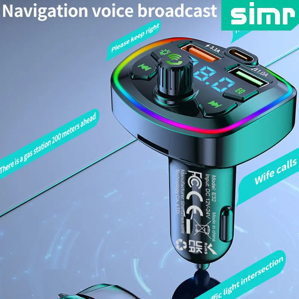 Simr E32 Multifunctional Car FM Transmitter, Bluetooth (BT) FM Transmitter & Wireless Radio Universal Car Adapter Car Kit with Dual USB & Type-C Fast Charging Car Charger, MP3 Player, USB Flash Drive Support, Smart Car Audio Receiver