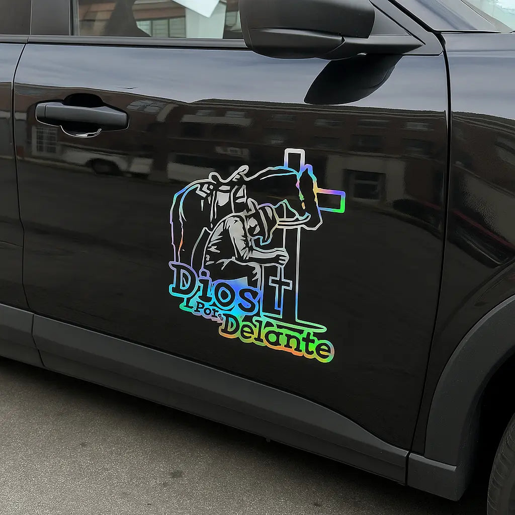 2Pcs Cowboy Dios Por Delante Religious Holographic Car Decal - High Definition Waterproof Christian Cross Sticker for Laptops Hardhats Bumpers Helmets Cars & Gear, Texan Cowboy Car Sticker