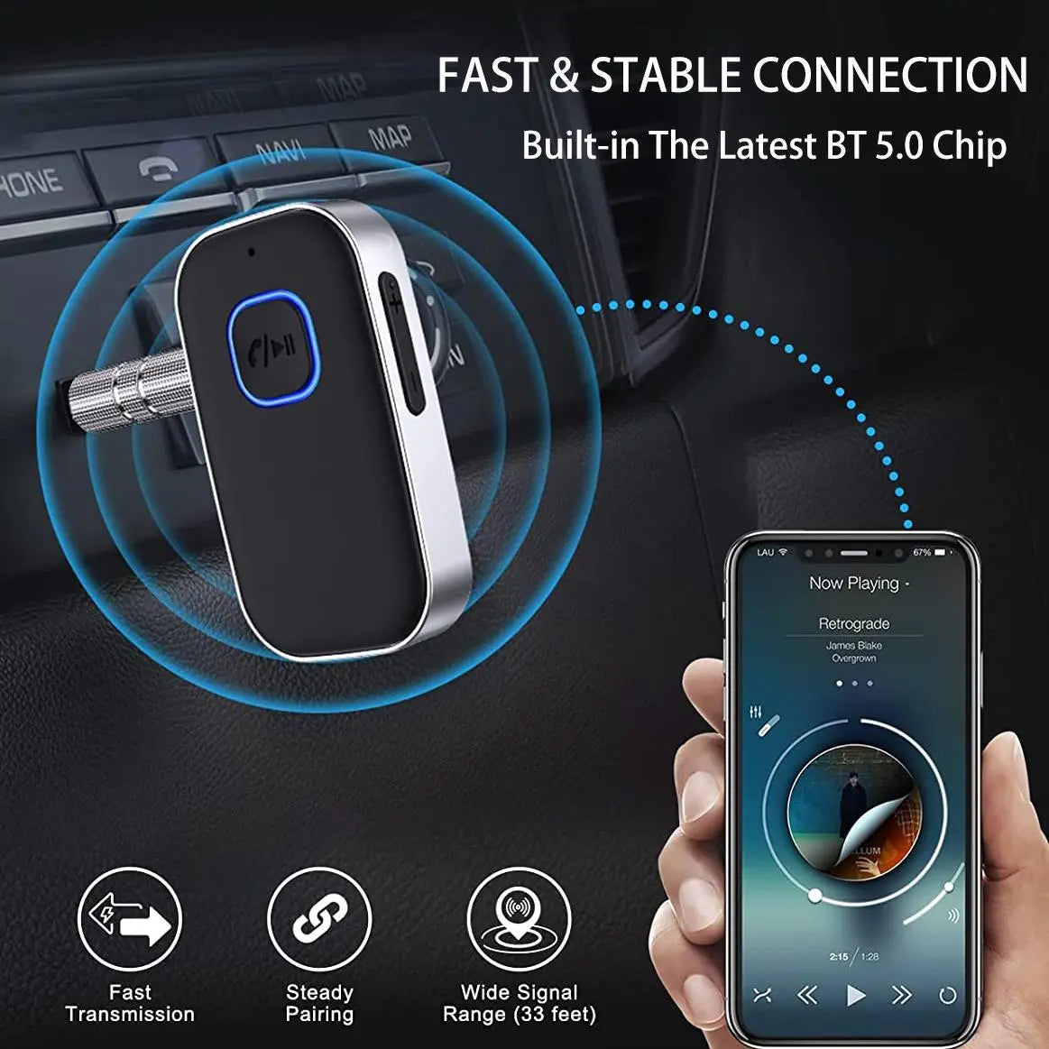 Bluetooth-Compatible Audio Receiver and Wireless FM Transmitter, AUX Input Sound Adapter for Car #GLOBAL PICKS
