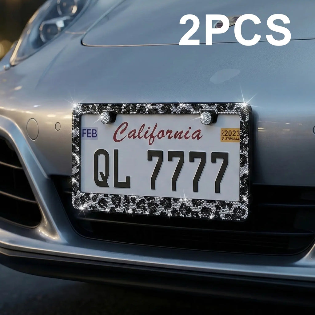 Queen’S Land 2PCS Bling Leopard License Plate Frames with Crystal Rhinestones, Sparkle Girly Car Accessories, Bling Car Decor for Girls Women Pink Red Black Leopard Car Accessories for Truck SUV