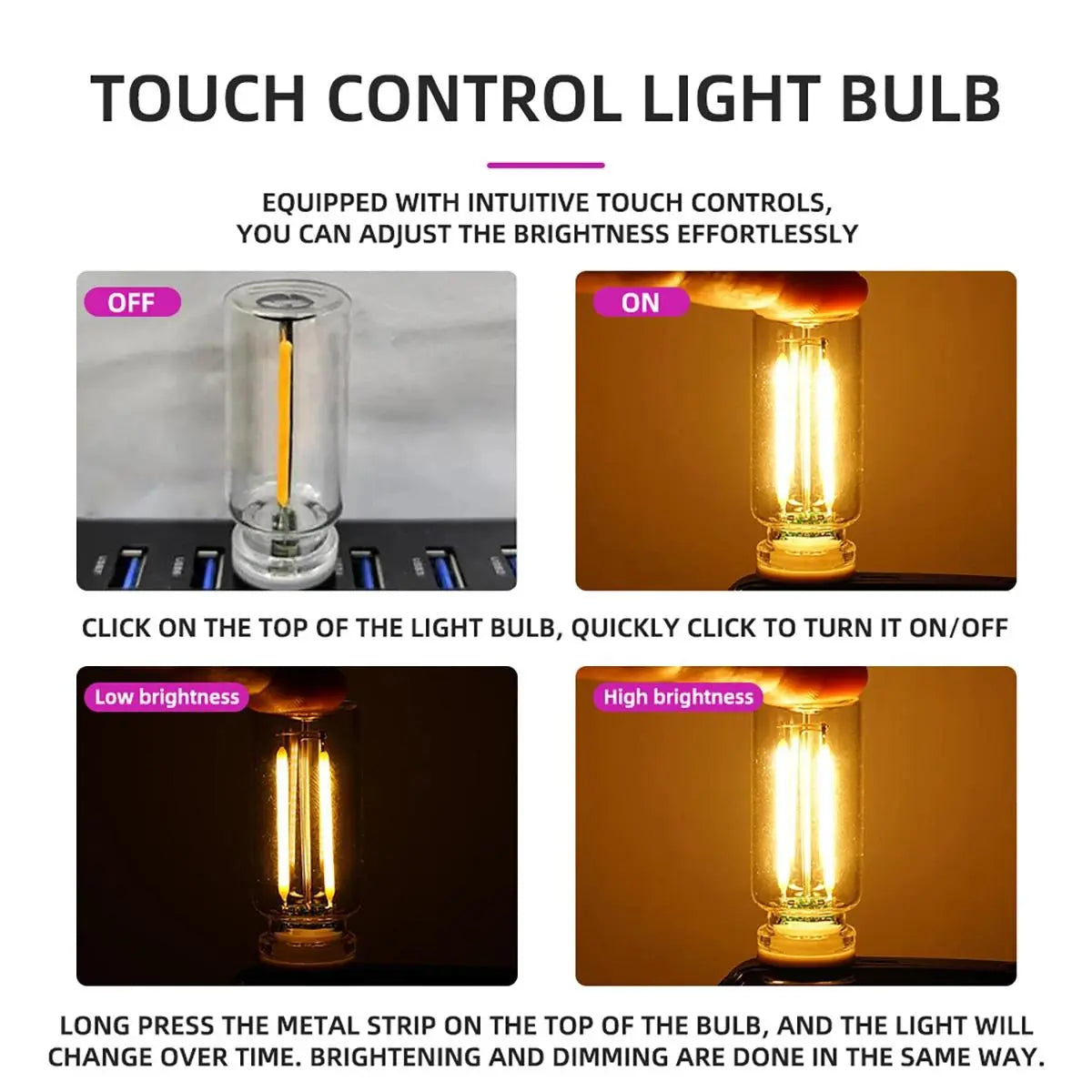 Joytutus Usb-Powered Touch Dimming LED Filament Bulb, Car Interior Decorative Night Light with Touch Sensor, Warm White Glow, Charging Function