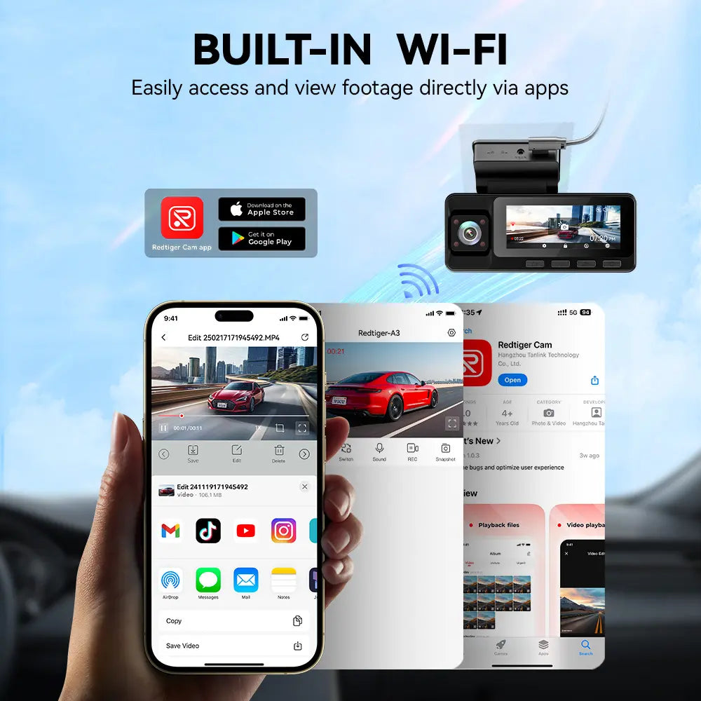 【Fathersdaygift】Redtiger A3 3 Channel Wifi Dash Cam Front and Rear inside with 32G SD Card( No SD Card Option in a Better Deal ), 2.5K+1080P+1080P Car Dash Camera for Carsfront and Rear, G-Sensor, 24H Parking Mode, Car Rvibe, Car VLOG, Summervibes Summerv