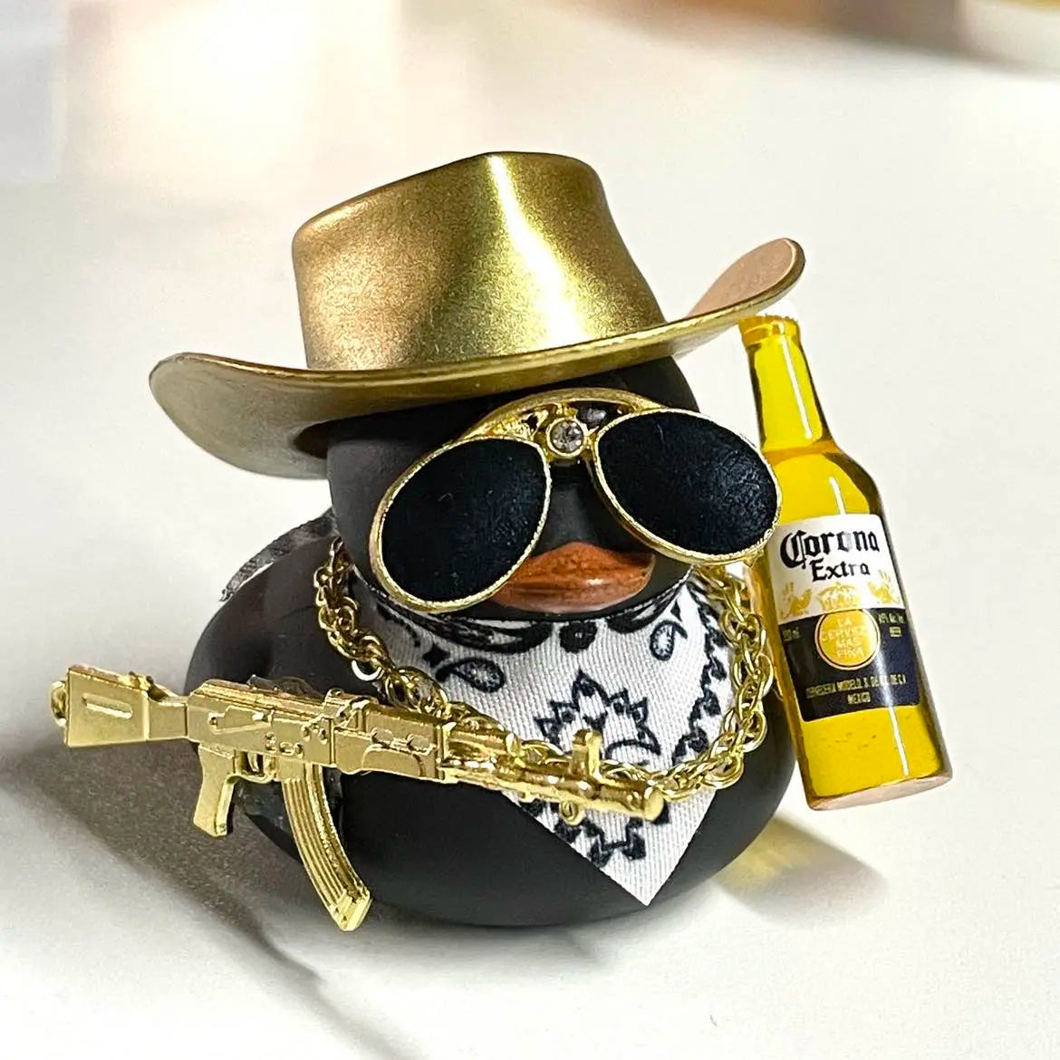 Black Cool Rubber Duck Car Accessories with Hat Sunglasses Gold Necklace Beer Gun DIY Assembly Dashboard Decoration
