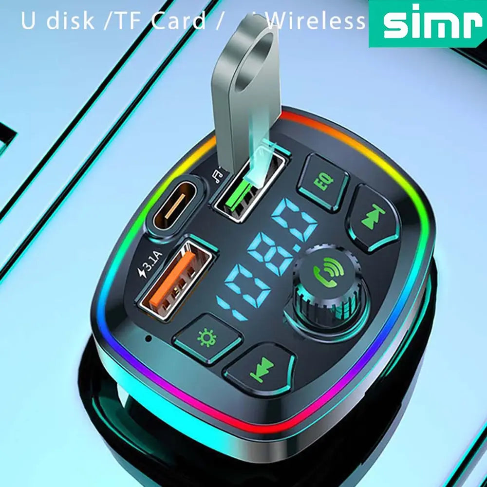 Simr E32 Multifunctional Car FM Transmitter, Bluetooth (BT) FM Transmitter & Wireless Radio Universal Car Adapter Car Kit with Dual USB & Type-C Fast Charging Car Charger, MP3 Player, USB Flash Drive Support, Smart Car Audio Receiver